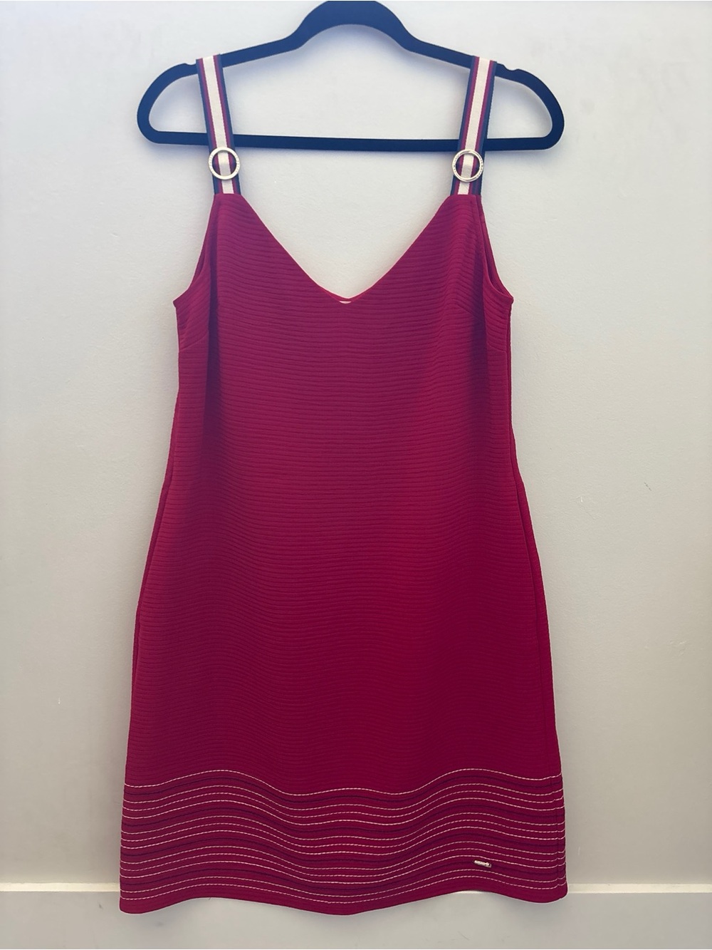 Ted Baker Red Ribbed Knit Cami Dress with Striped O-Ring Straps